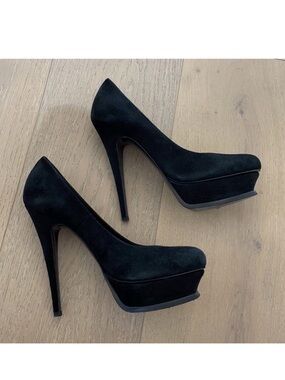 YSL Tribute Black Suede Platform Pumps Heels